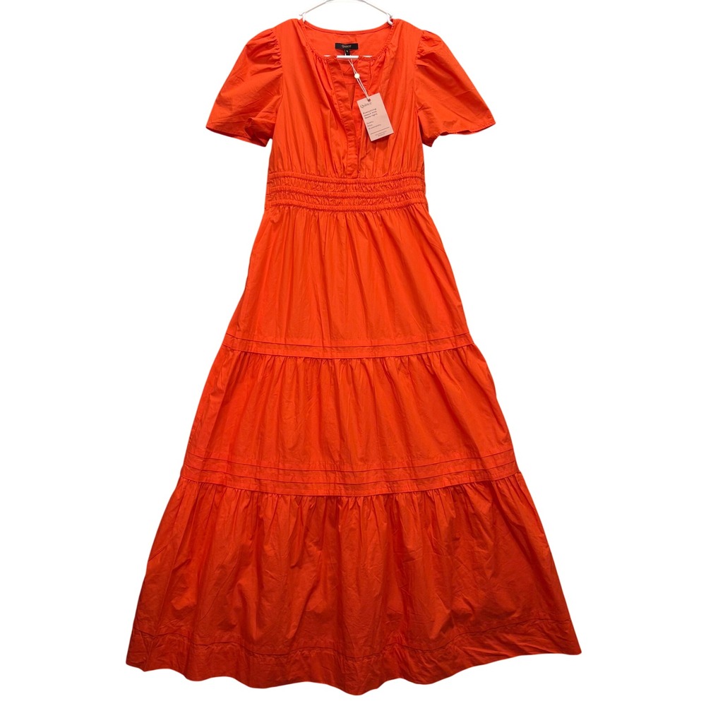Quince Organic Cotton Poplin Tiered Maxi Dress Womens S Vermillion Red Smocked